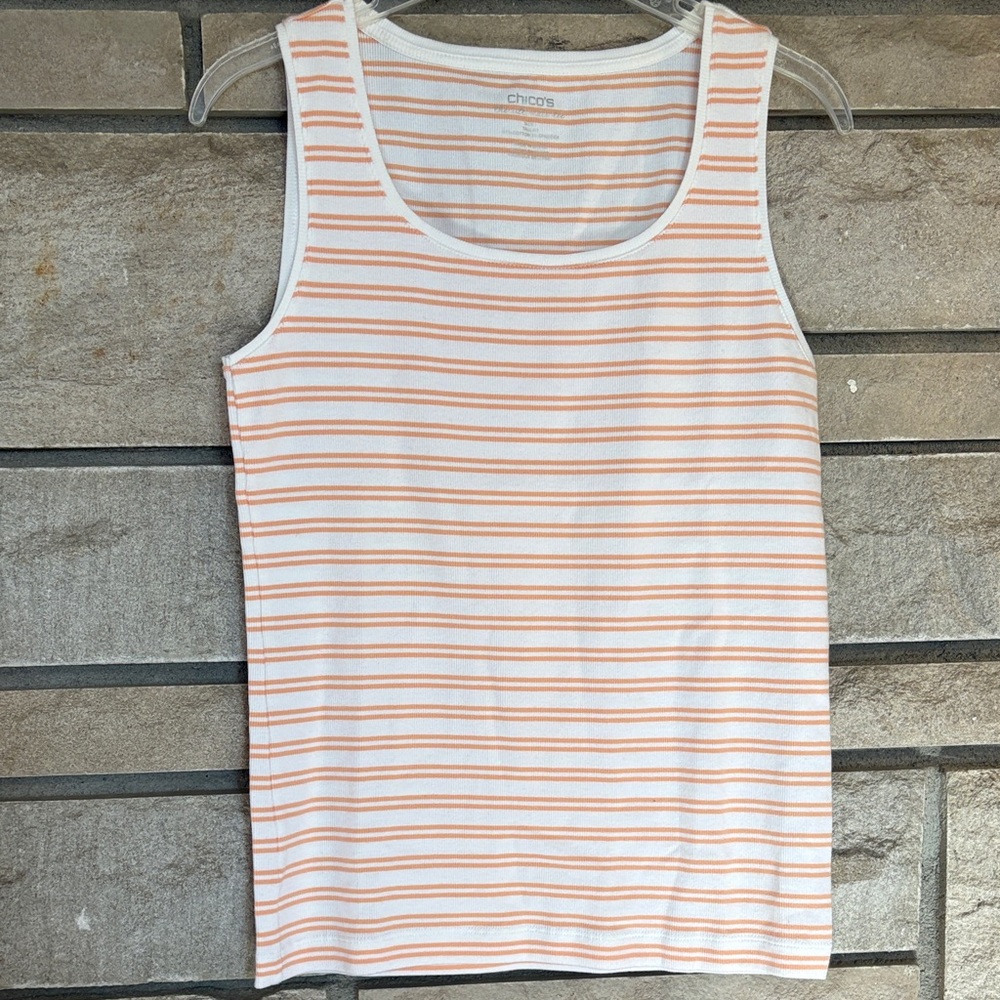 Chico's White and Peach Striped Tank Top